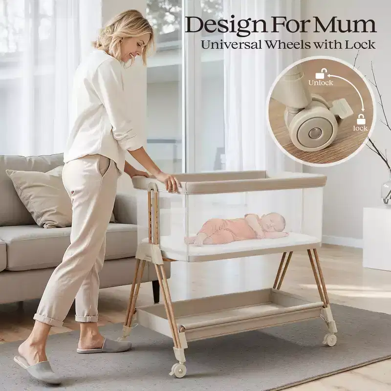 Gray Portable Bedside Bassinet for 1 Infant with Wheels & Storage Tray