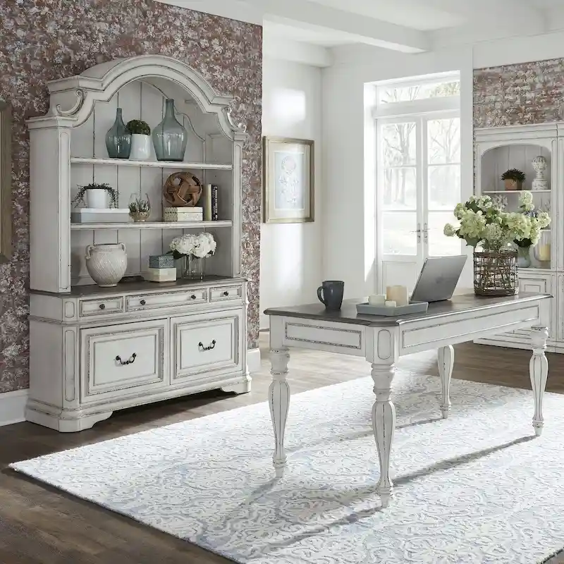 Magnolia Manor Antique White Weathered Bark 3 Piece Desk & Hutch Set