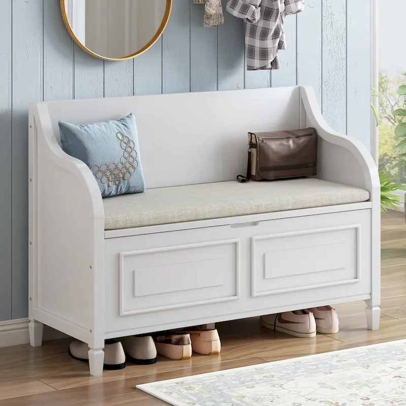 Rustic Storage Bench, Solid Wood Frame, Split Cushion, Safety Hinge, 42"L x 18"W x 29.5"H, 250 lbs, Seats 2, White/Antique Navy/Brown+Beige/Gray Wash