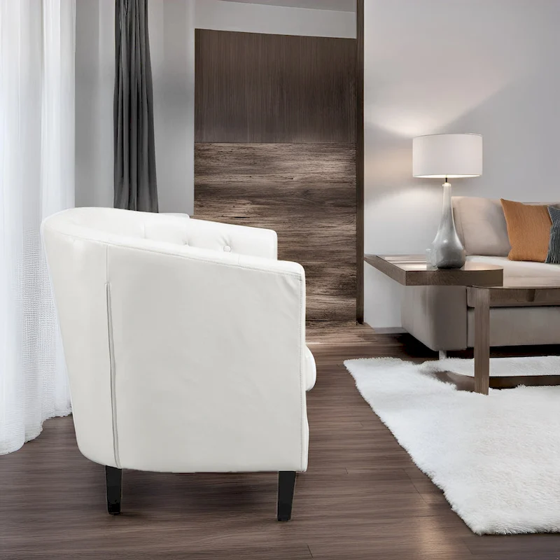 Midcentury Modern Button Tufted Faux Leather Barrel Loveseat - Comfy Tub Loveseat Sofa