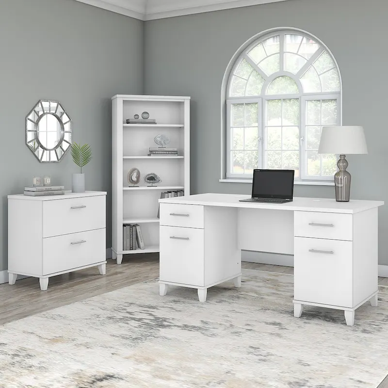 Somerset 60W Office Desk with Cabinet and 5 Shelf Bookcase