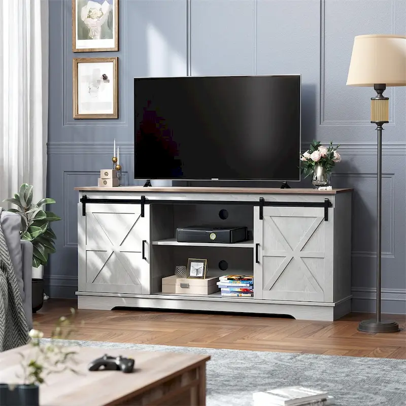 Evelynn TV Stand Sliding Barn Door Farmhouse Wood Entertainment Center for TVs Up to 65 White