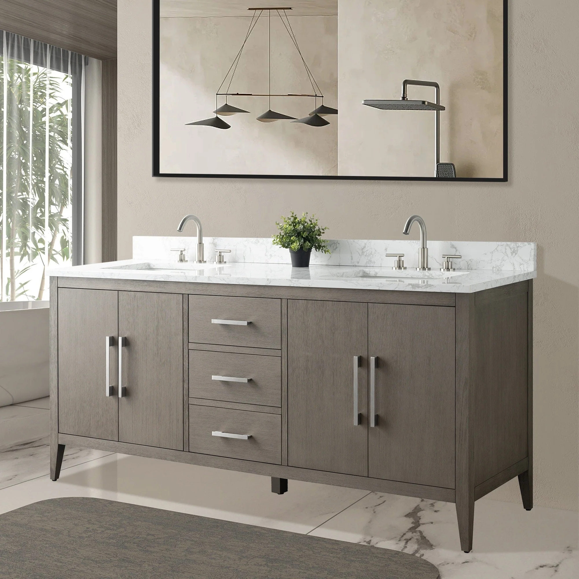 Vanity Art 72 Double Sink Bathroom Vanity Cabinet with Engineered Marble Top