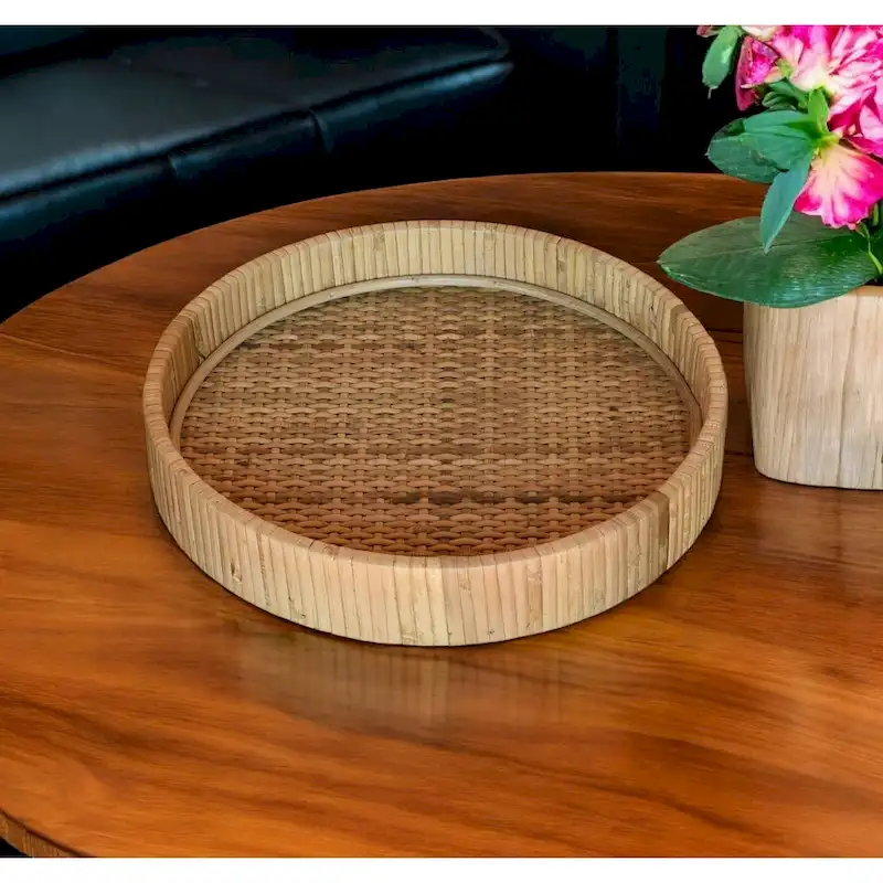 HomeRoots 12  Natural Round Bamboo Handmade Serving Tray