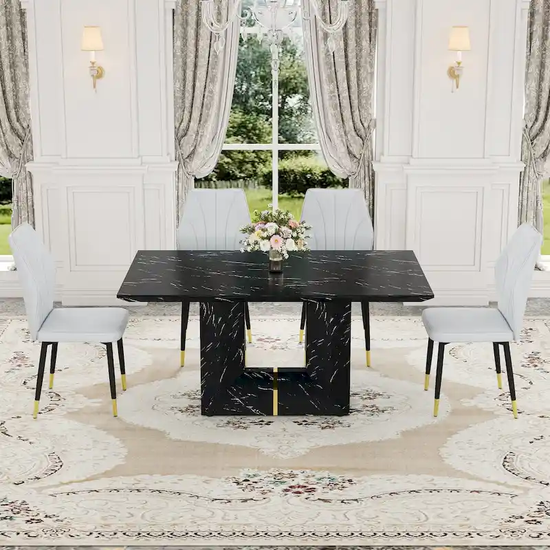 Black Marble Pattern Dining Set - 5 Piece with 4 PU Chairs (63