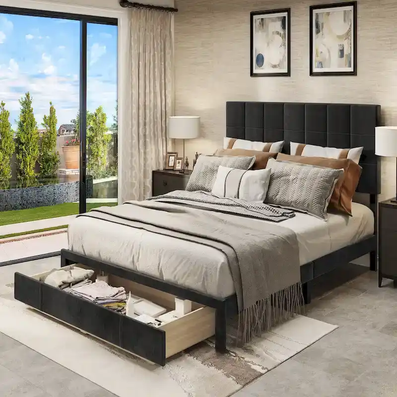 Square Velvet Upholstered Headboard Platform Bed Frame With End of Bed Storage Box