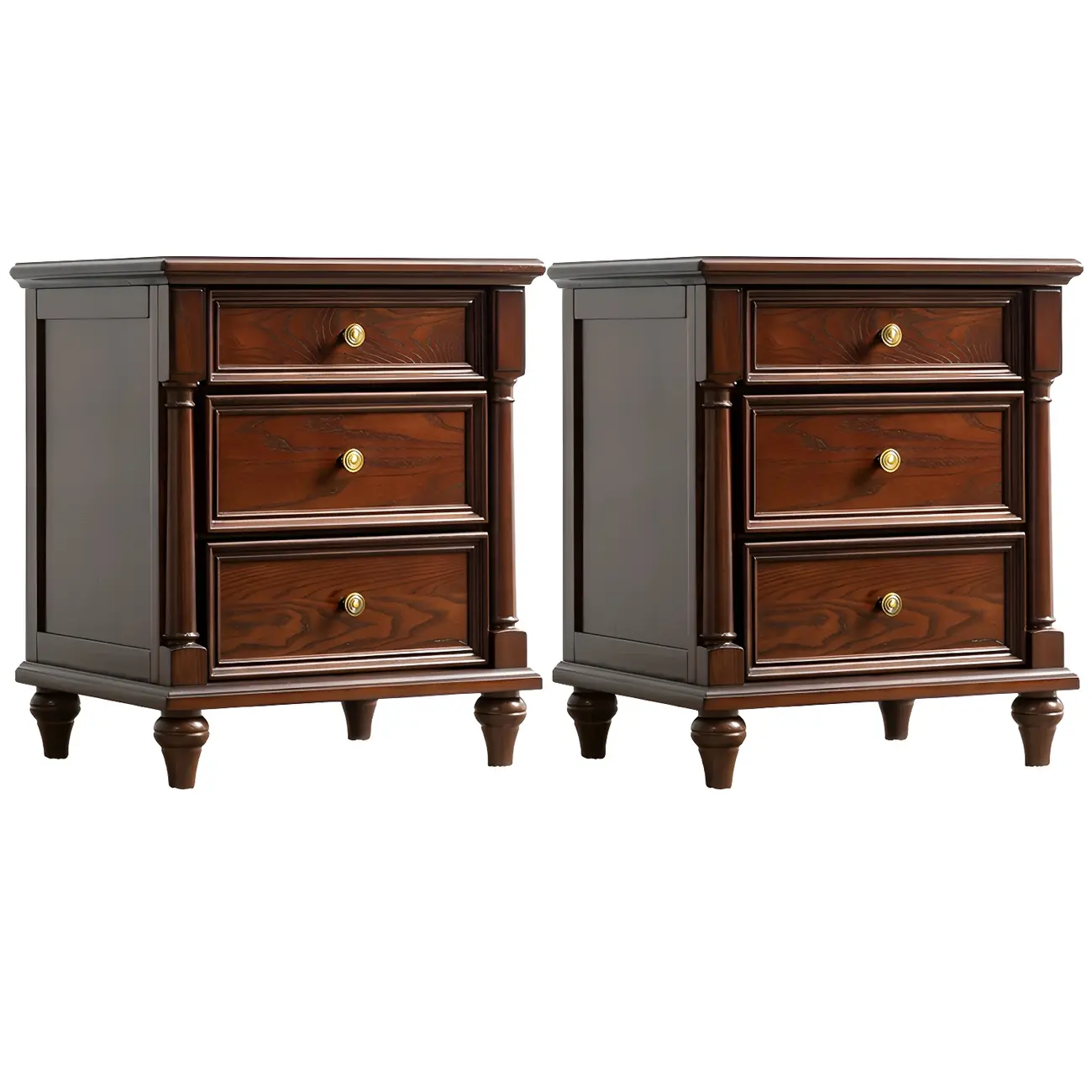 Traditional Ash Wood Nut-Brown 3-Drawer Bedroom Nightstand