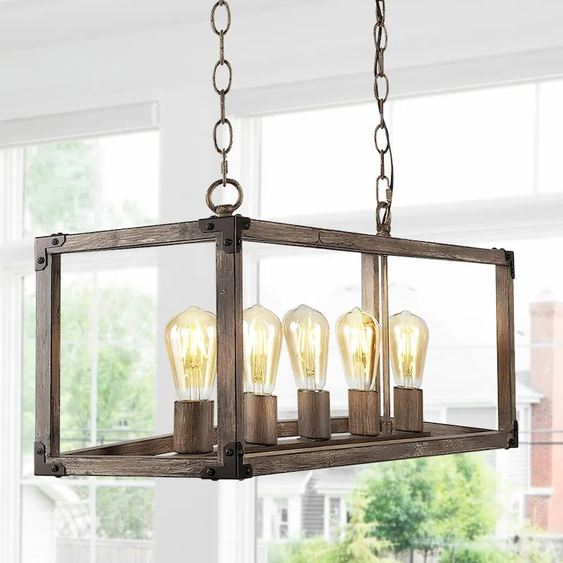 Zeniba 36  5-Light Linear Adjustable Iron Rustic Farmhouse LED Pendant, Brown by JONATHAN Y