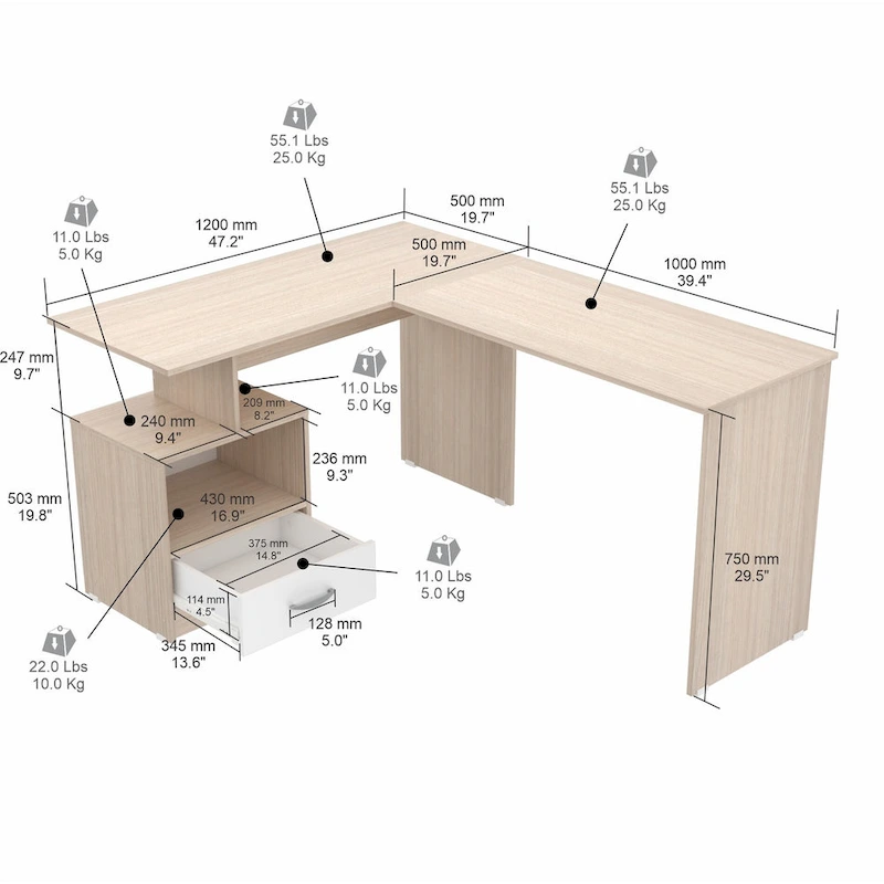 Inval Merlin L-Shape Computer Desk with Cubby