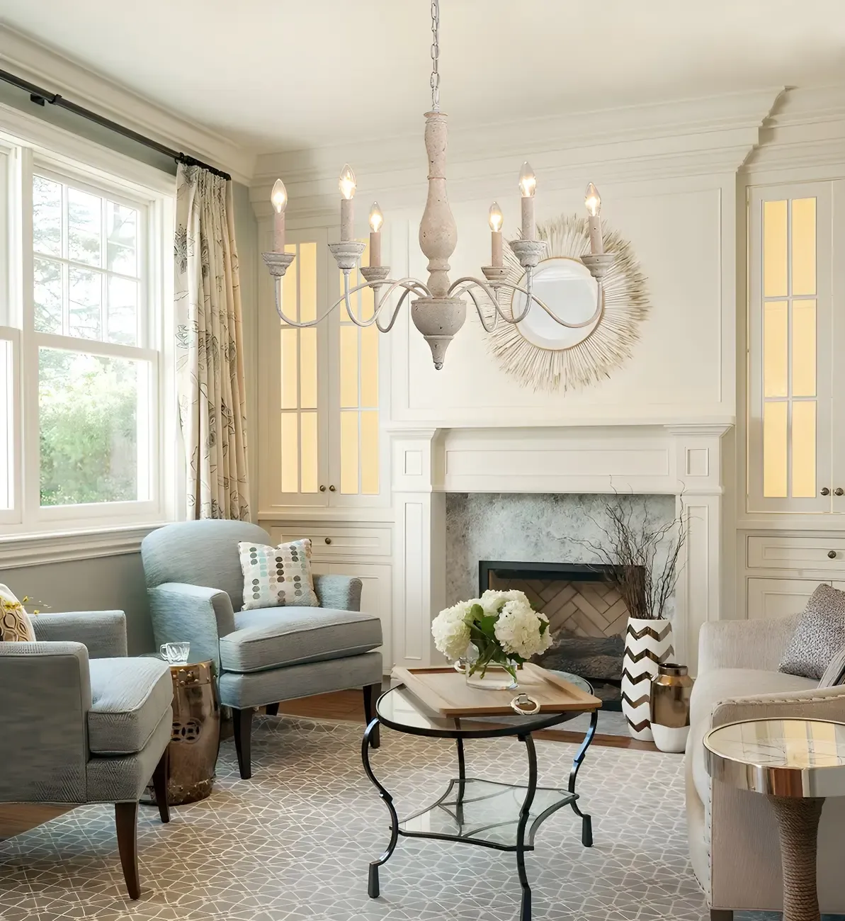 6-Light Classic Wooden Candelabra Chandelier with Chain Mount