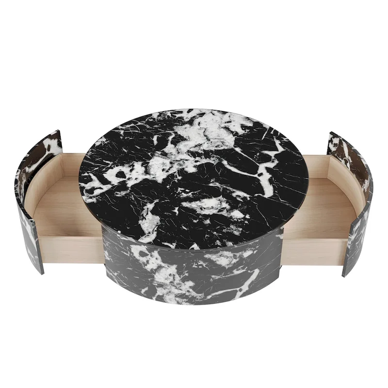 Modern Faux Marble Round Coffee Table Center Table with 2 Drawers, Fully Assembled