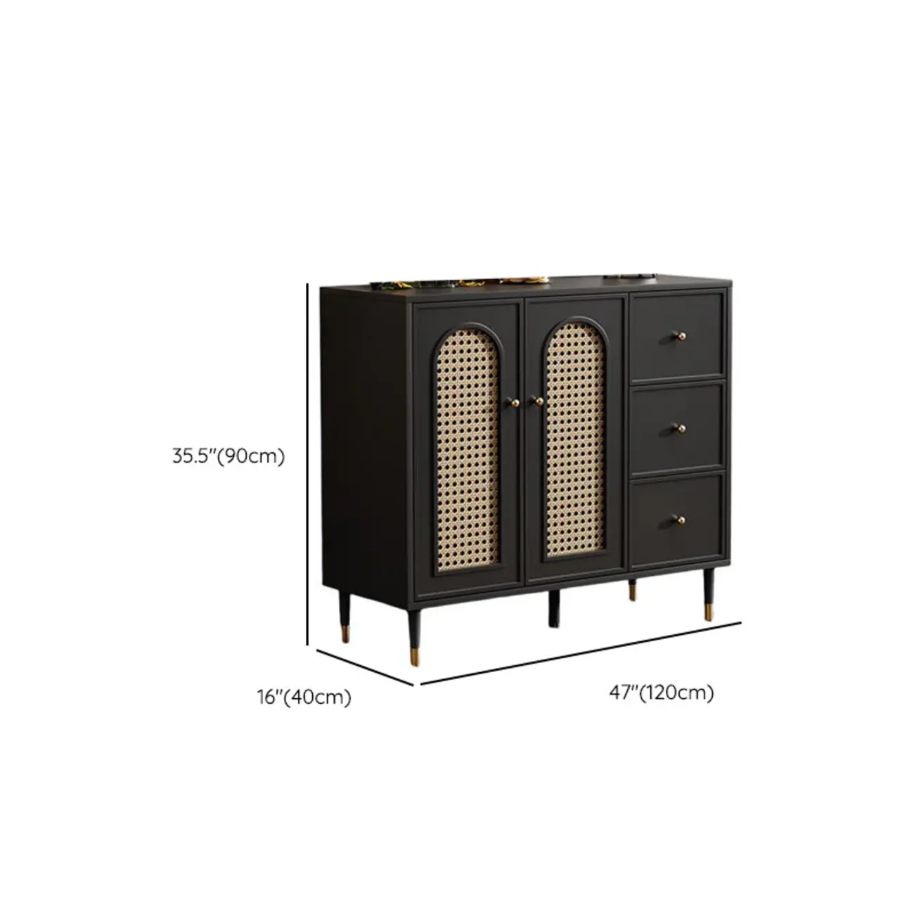 Traditional 3-Layer Rattan Wooden Black Sideboard Cabinet