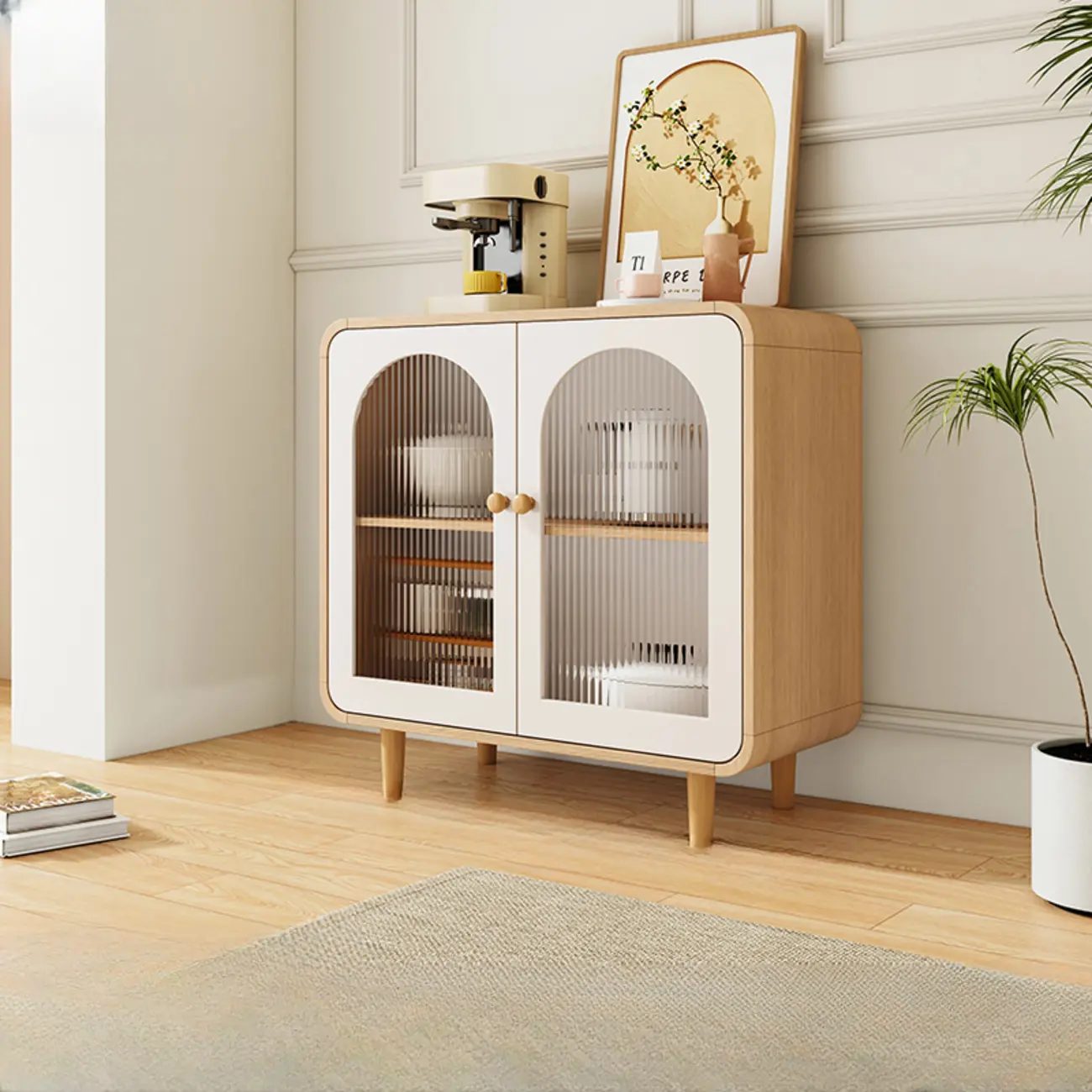 Natural Modern Wooden Buffet Cabinet with Glass Doors