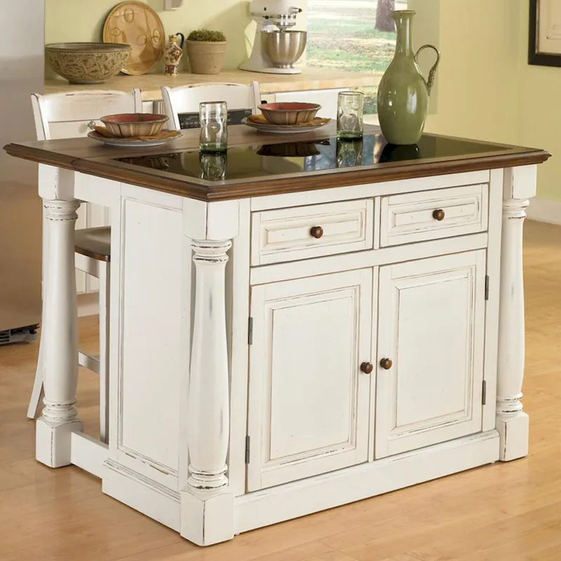 Monarch Off-White Kitchen Island with Granite Top and 2 Stools