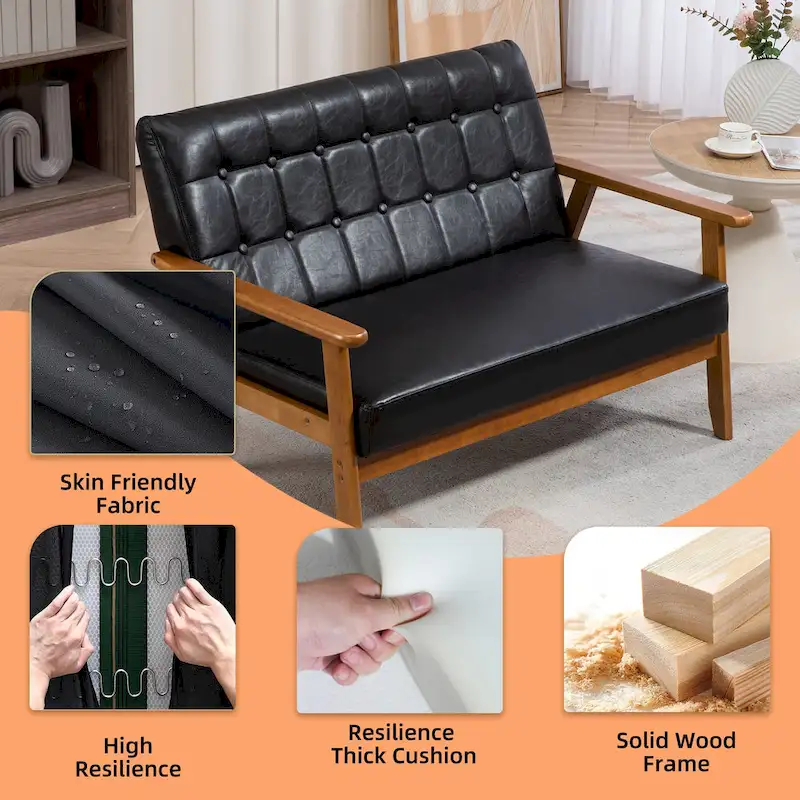 Mid-Century Linen/PU Upholstered Wood Frame Tufted Loveseat Sofa