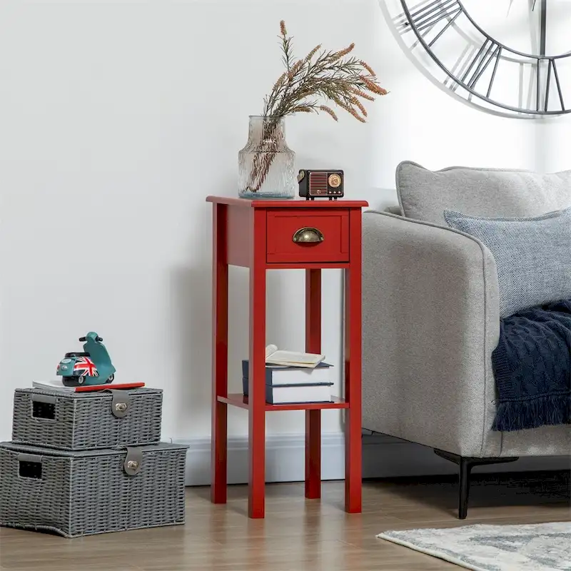 2-Tier Side Table with Drawer,Narrow End Table with Bottom Shelf