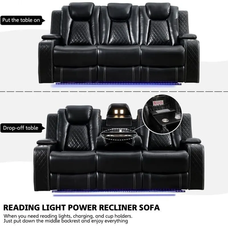 Power Reclining Sofa with Wireless Charger & LED Light – Faux Leather, Black