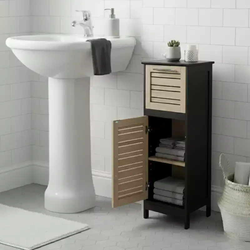 Black & Brown Bathroom Floor Cabinet with Drawer and Vented Door