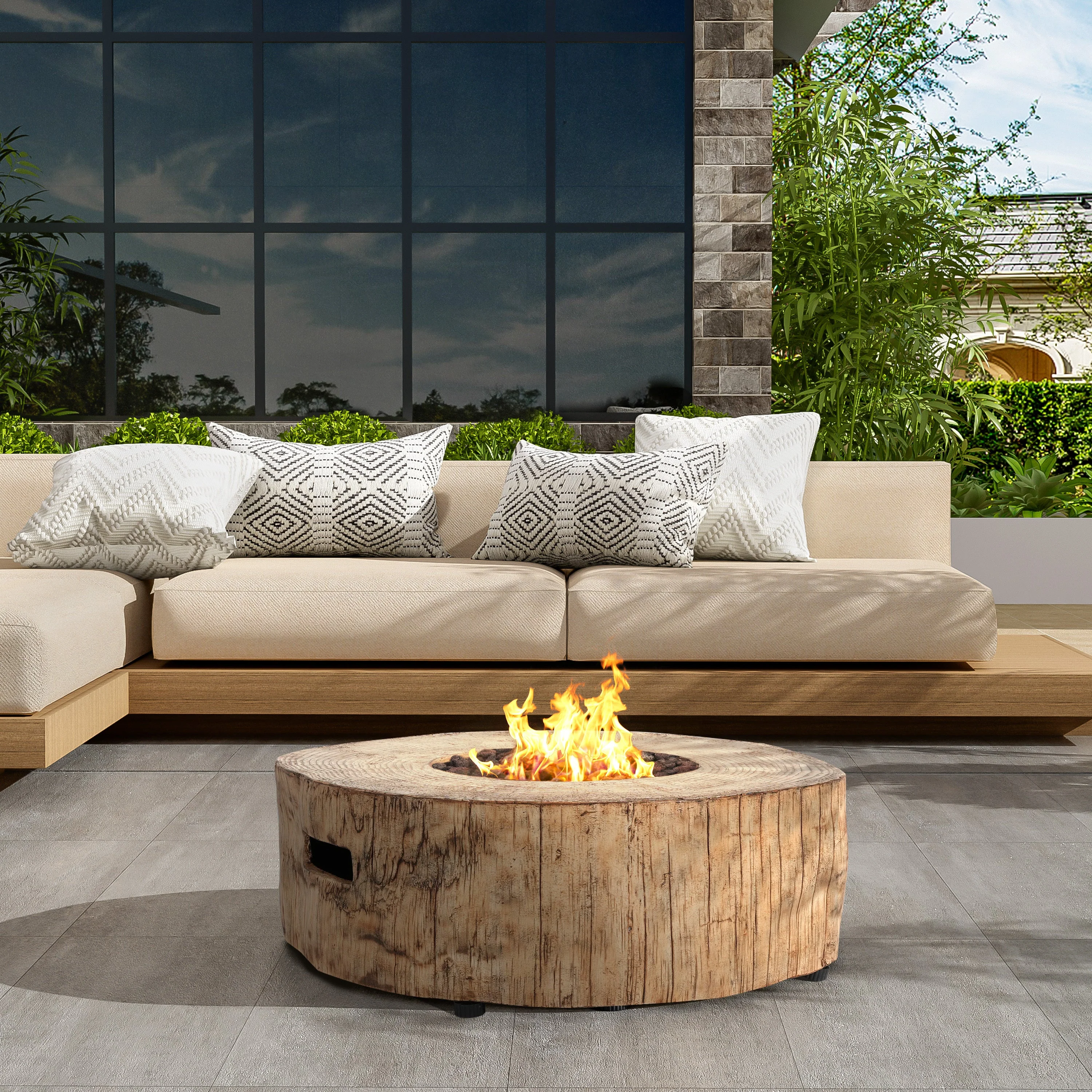 Walker Edison | Wood Pattern Outdoor Patio MGO Propane Fire Pit