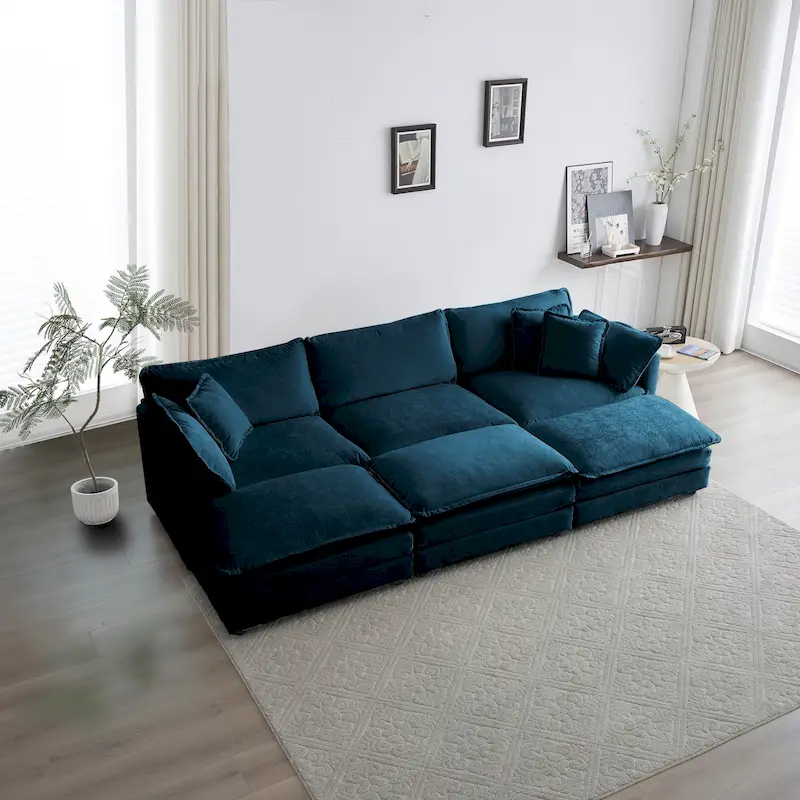 6-Seater U-Shape Sectional Sofa with 3 Ottomans and Pillows