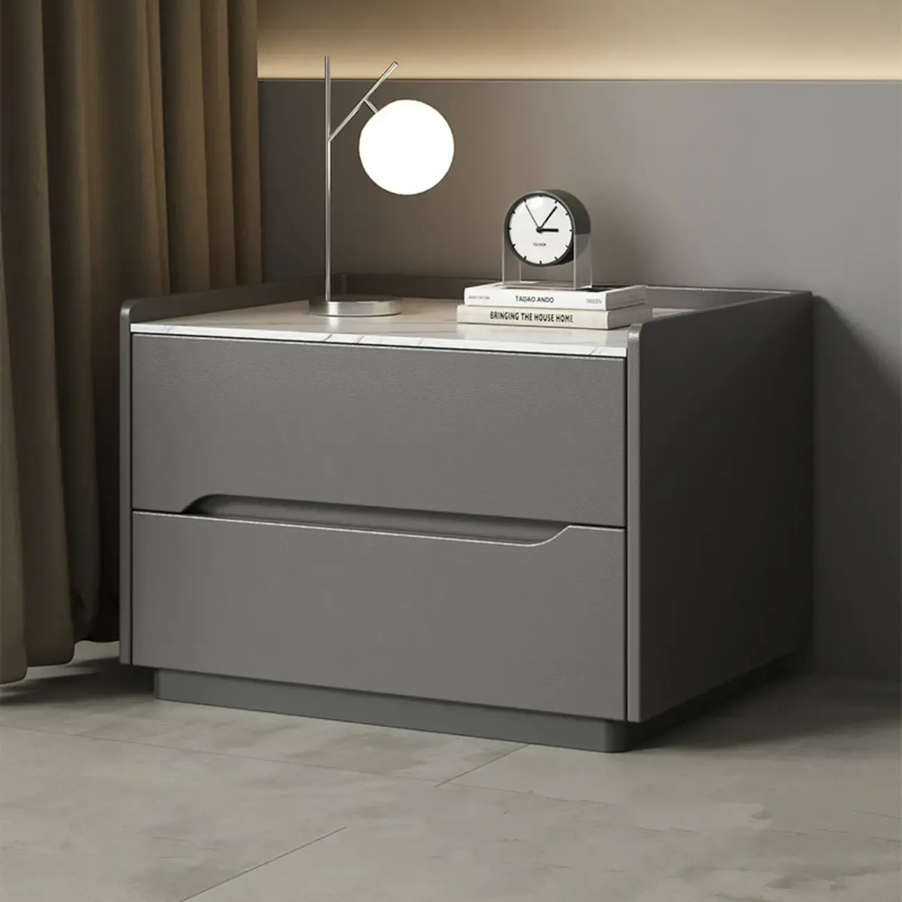 Modern Khaki Leather Stone Top 2-Drawer Nightstand