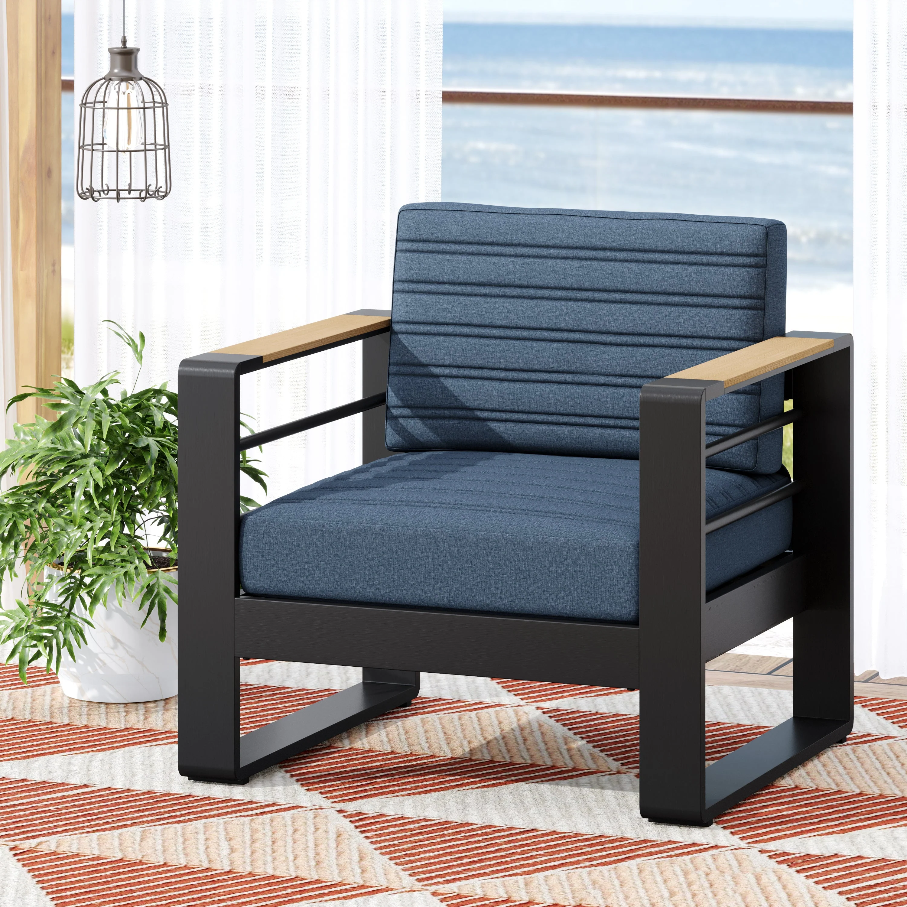 Modern Aluminum Club Chair with Faux Wood Accents & Water-Resistant Cushions