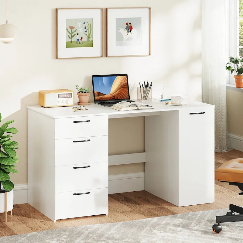 Home Office Desk 53 Inch with USB Ports Outlets and Storage Drawers