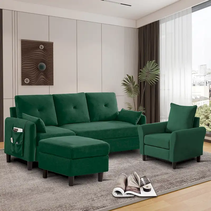 3-Pieces Sectional Sofa Set with Ottoman and Chair