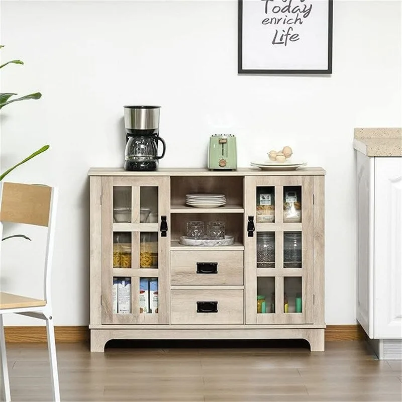 Grey / White / Walnut Sideboard Buffet Cabinet with Glass Doors & Adjustable Shelves