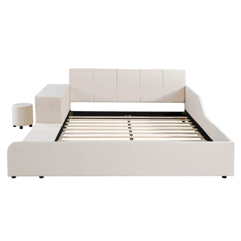 Upholstered Grounded Bed Mother & Child Bed with Bedside Desk and Little Round Stool