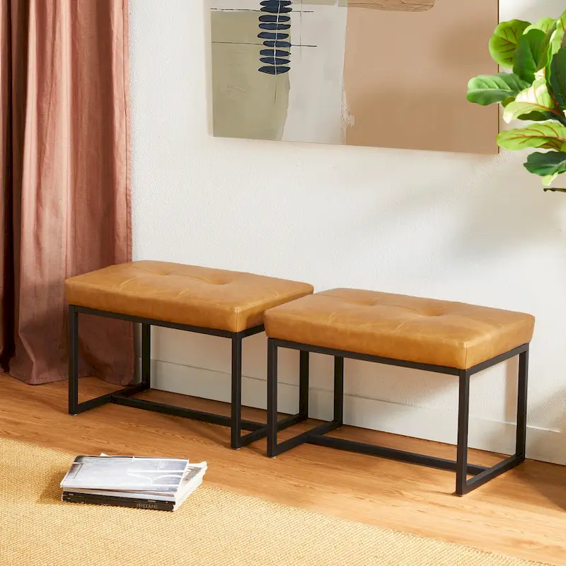 Glitzhome Set of 2 24 W Modern PU Leather Button-tufted Ottoman Foot stool