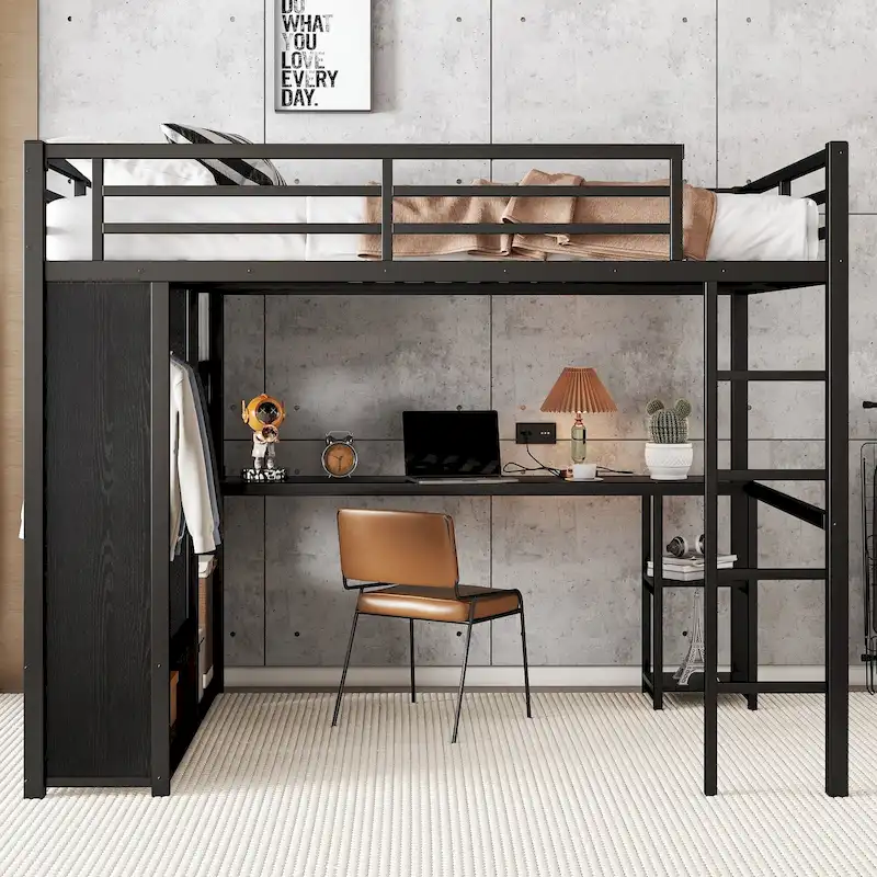 Black Queen Loft Bed with Built-in Wardrobe, Desk, and Storage Shelves, Space-Saving Design