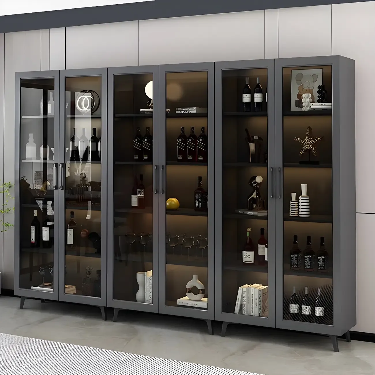 Gray Modern Display Cabinet with Metal Base and Glass Door