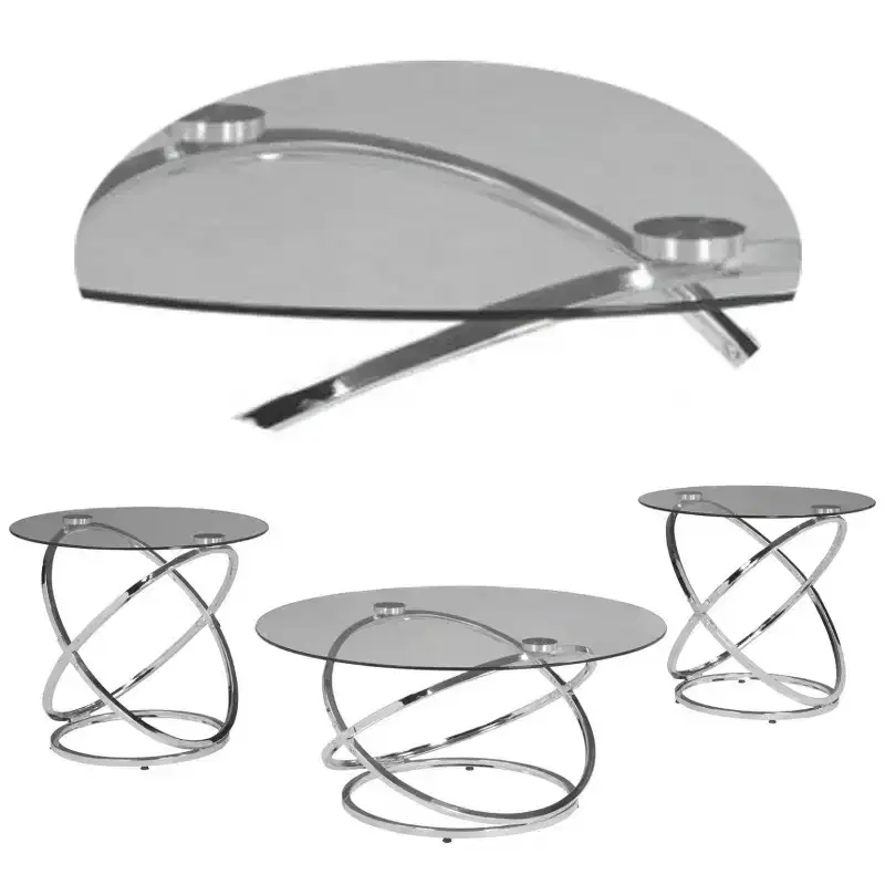 Royal Hampton 3-Piece Coffee and Side End Table Set | Round Glass Tops with Swirl Chrome Steel Bases