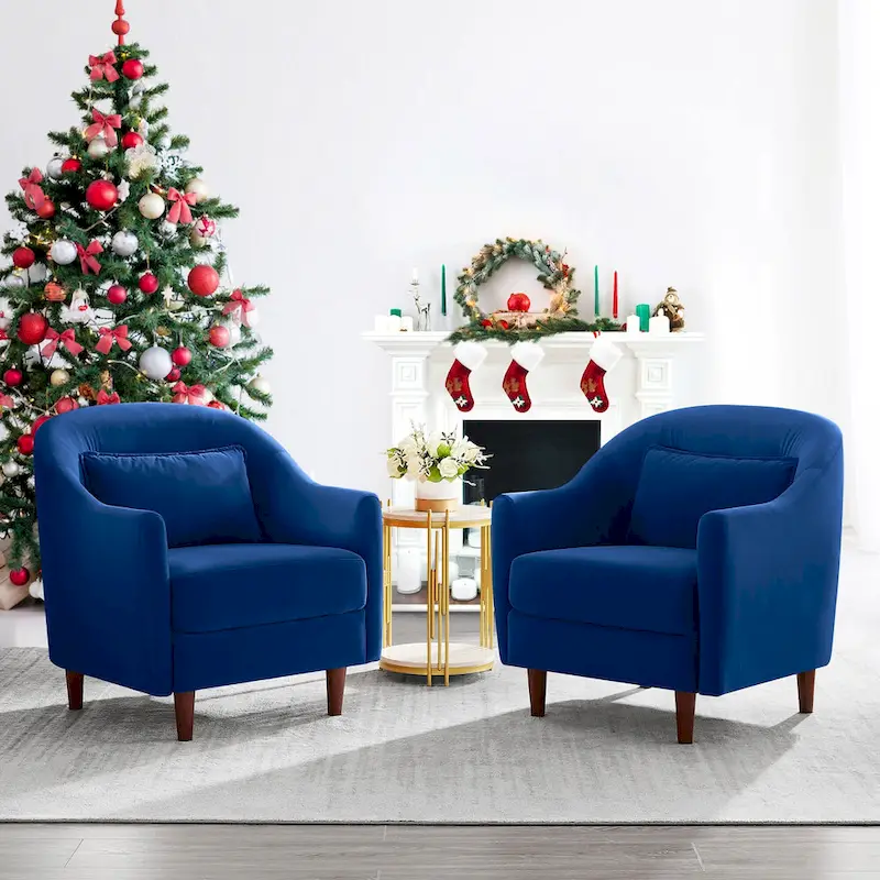 VANOMi 28.34W Set Of 2 Accent Armchair, Velvet Barrel Chair with Solid Wood Legs