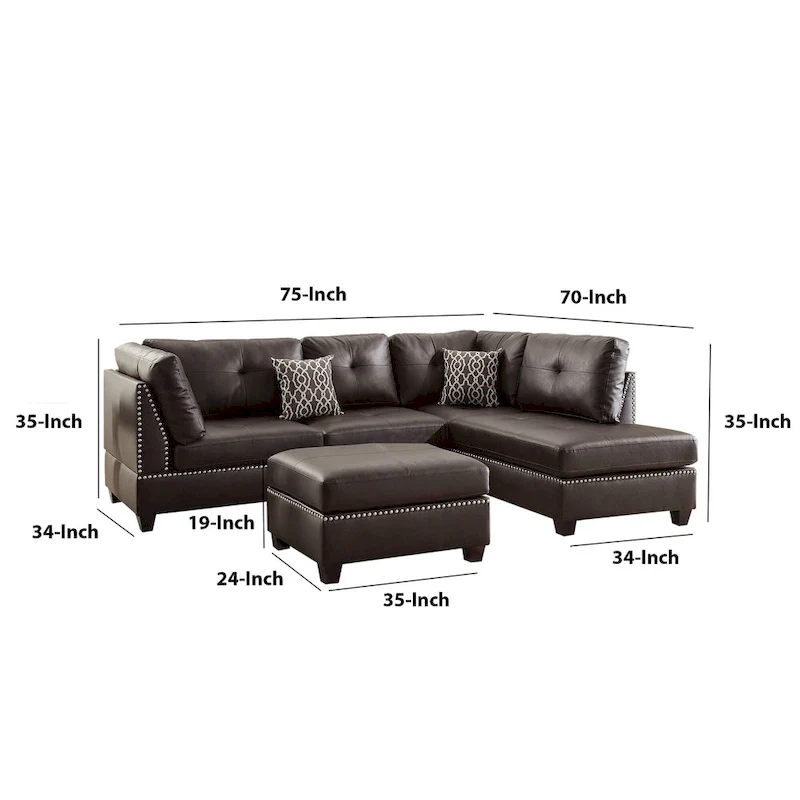 Plushed Bonded Leather 3 Pieces Sectional Set In Brown