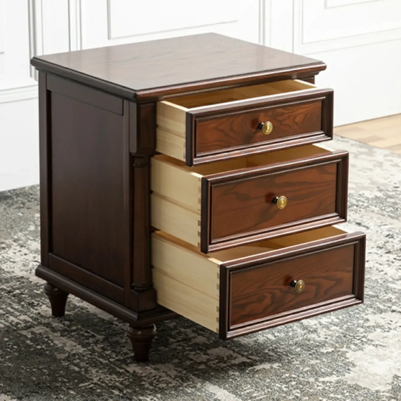 Traditional Ash Wood Nut-Brown 3-Drawer Bedroom Nightstand