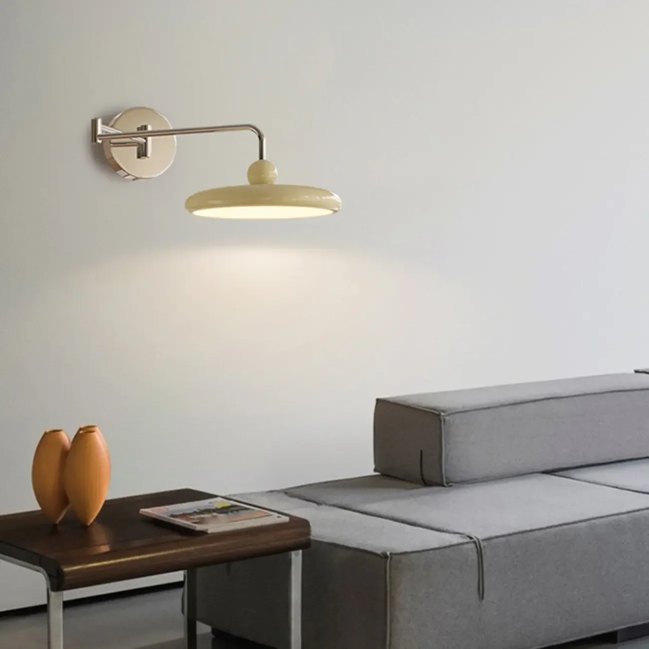 Modern Beige Swing Arm Wall Light with Round Shade