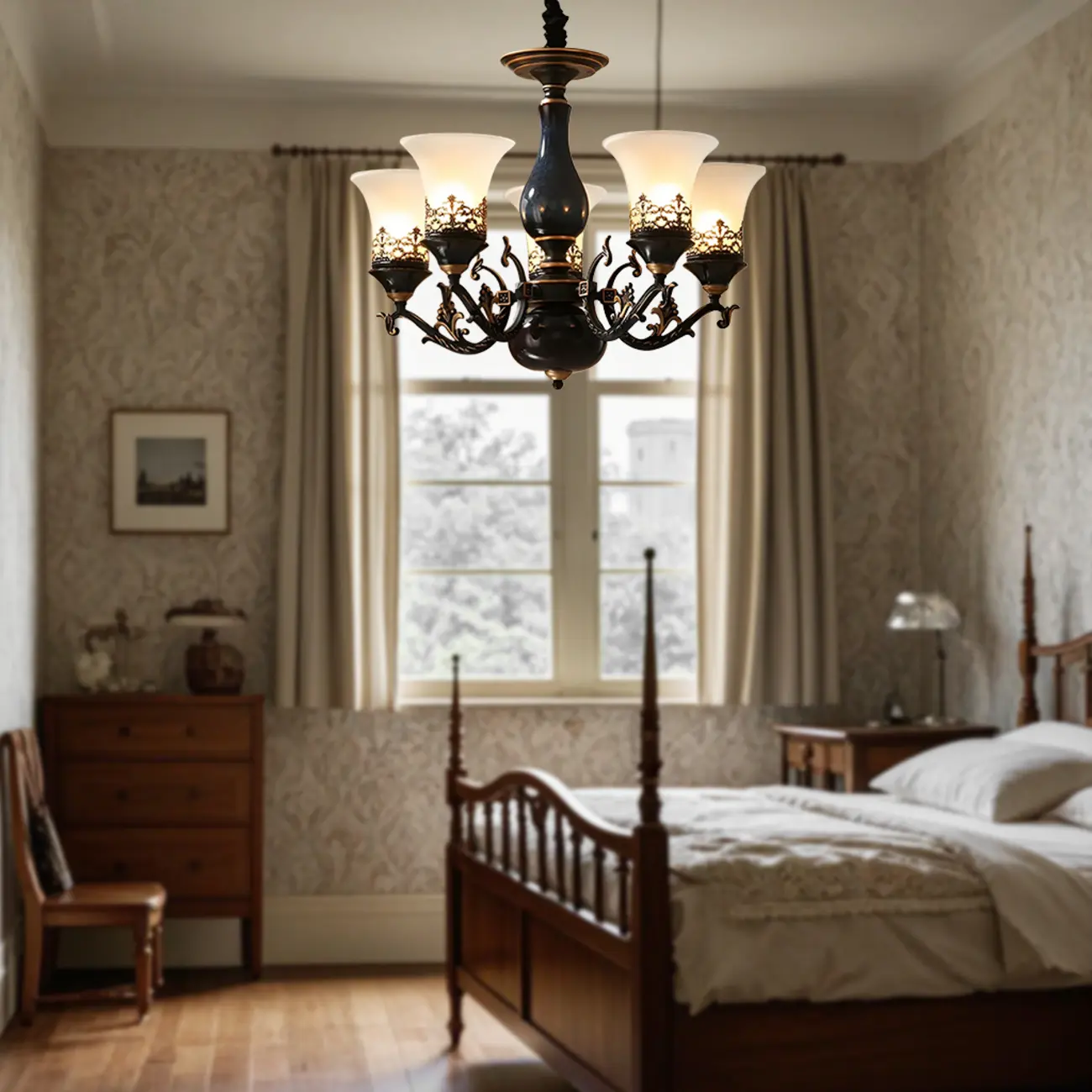 Mid-Century Living Room Black Frosted Wite Glass Bell Shape Chandelier