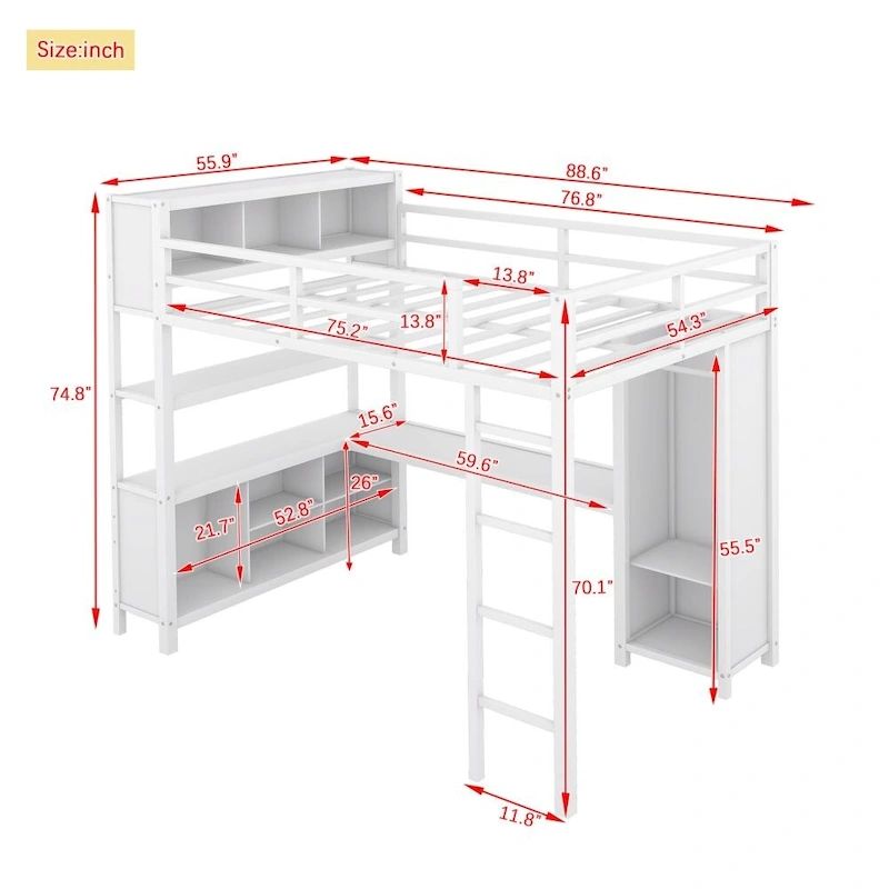 Metal Loft Bed with Wardrobe And L-Shaped Desk