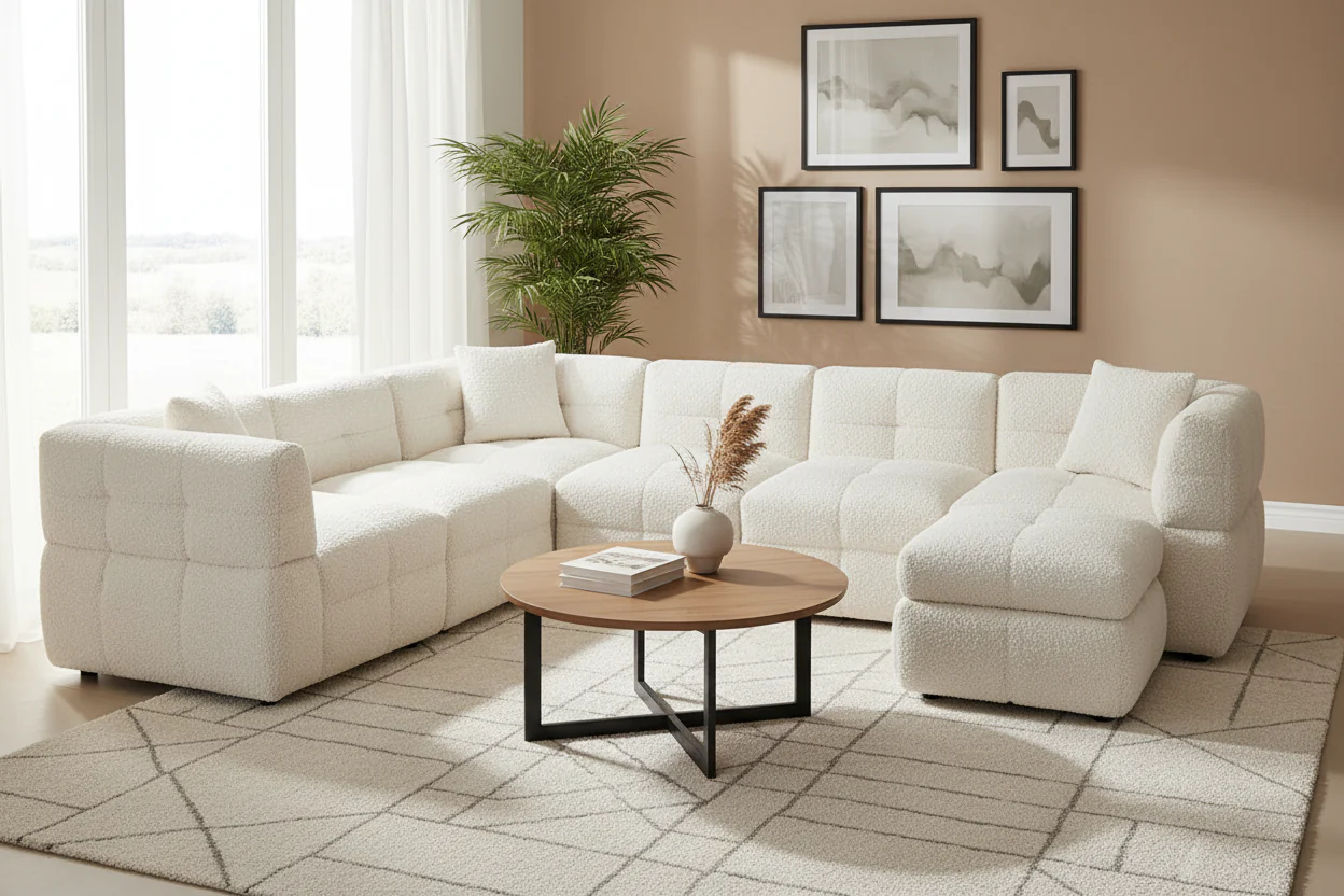 87.7 Sectional Sofa Cozy Teddy Fleece Fabric Sectional Sofa Couch