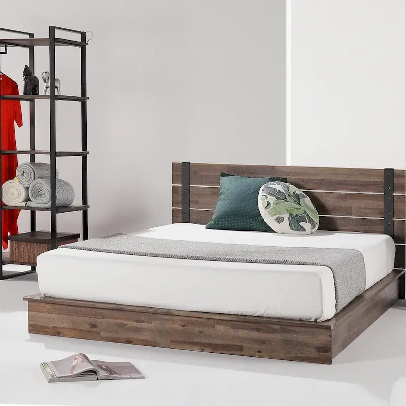 Brown Metal and Wood Platform Bed Frame