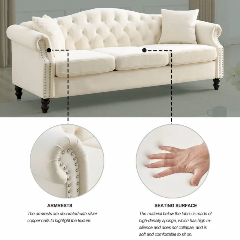 79 Chesterfield Sofa Grey Velvet for Living Room, 3 Seater Sofa Tufted Couch with Rolled Arms and Nailhead