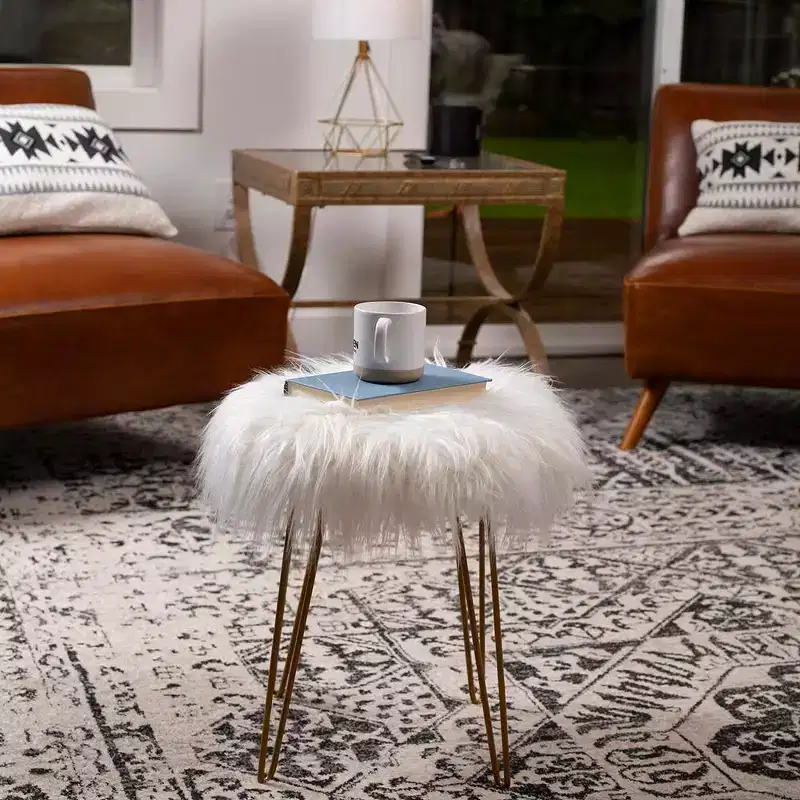 BirdRock Home Round Faux Fur Foot Stool Ottoman - White with Pale Gold Legs