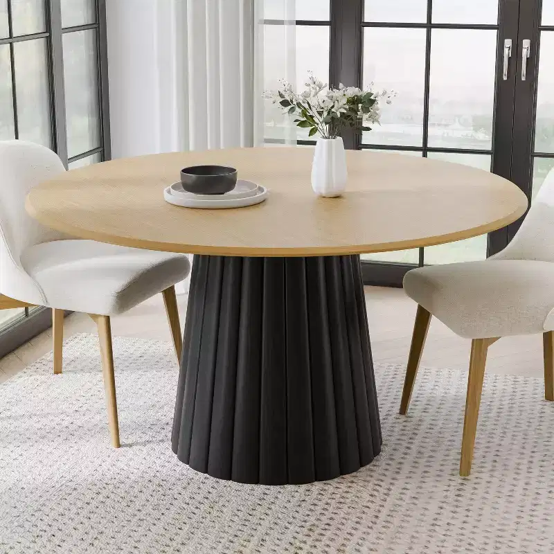 PexFix 52 Wood Round Dining Table Kitchen Table for 4-6 with Arc-Shaped Edge Top & Textured Tapered Base for Living/Dining Room Coffee Office Natural