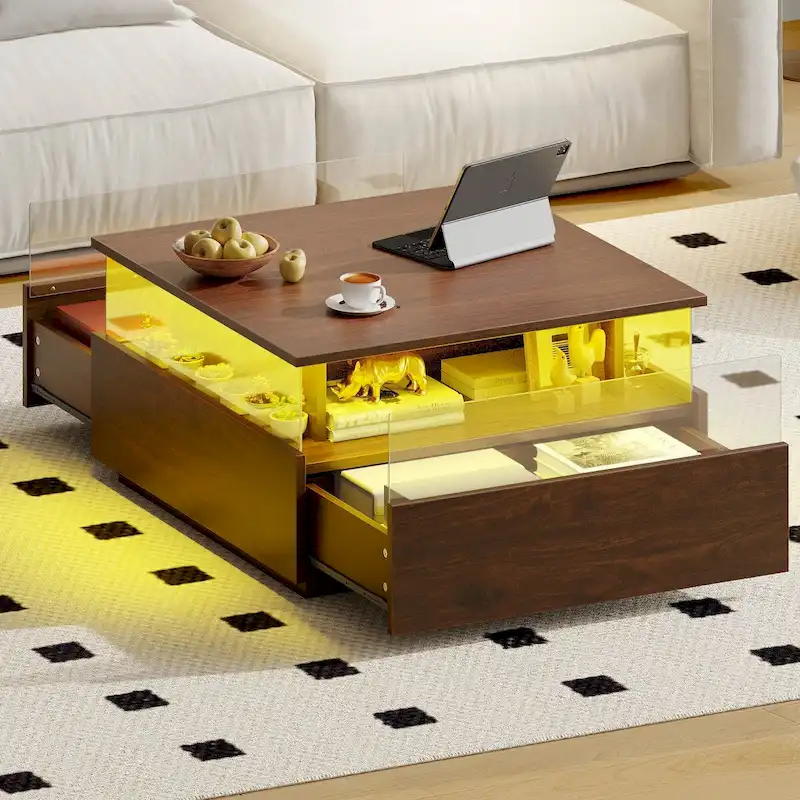 Moasis Modern Square Coffee Table with Drawers & LED Light, Acrylic and Wood Center Table