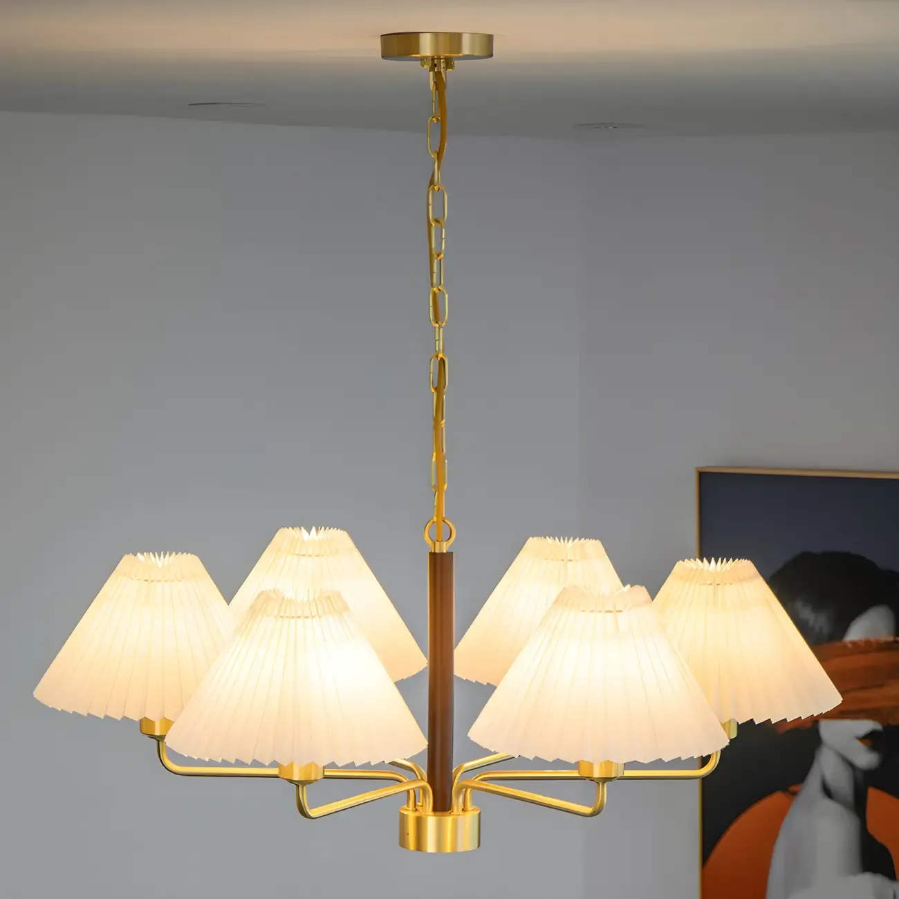 Gold Linear Metal Pleated Modern Chandelier Light