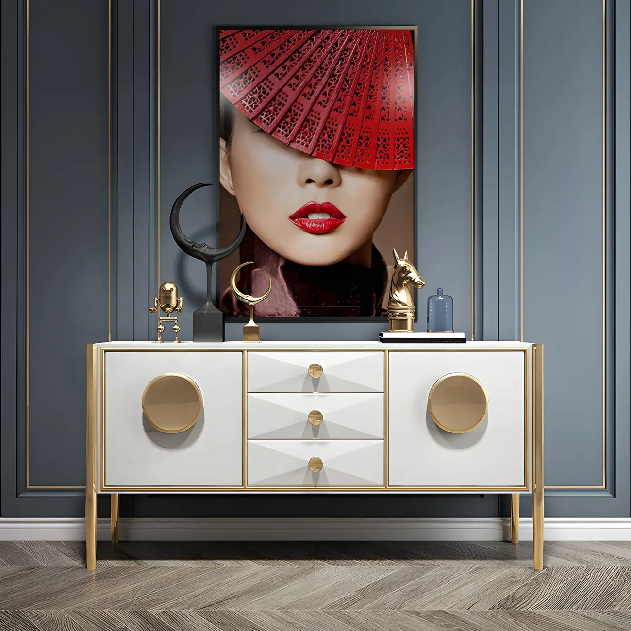 Modern Glossy Wooden Buffet Table with Drawers & Cabinets