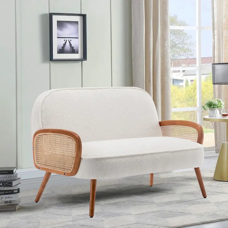 41 W Small Loveseat with Natural Rattan Arms,Upholstered Modern Mini Sofa Couch Love Seat Settee Bench with Back