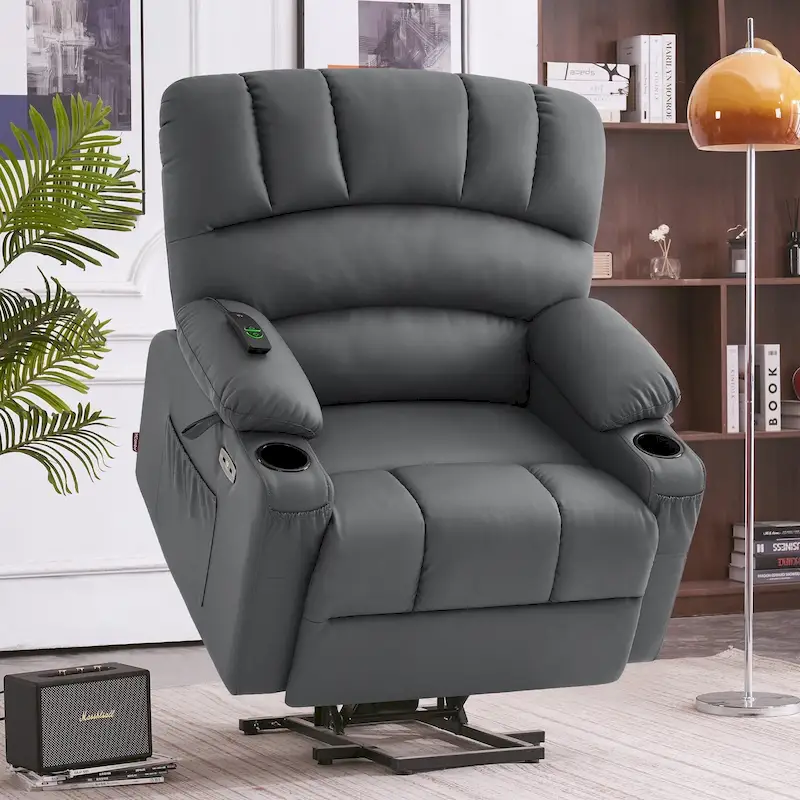 MCombo Power Lift Recliner Chair Sofa with Massage and Heat, Faux Leather R7096 (Medium-Wide)